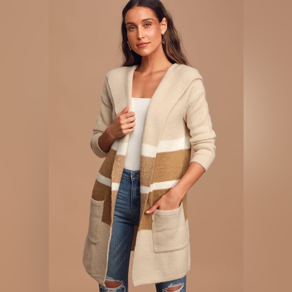 Lulu’s - Carlsbad Tan and Beige Hooded Cardigan Sweater (S/M)
